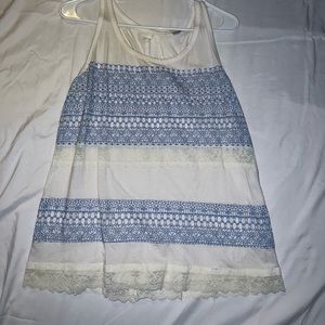 Off white tank top with white lace and blue embroidery